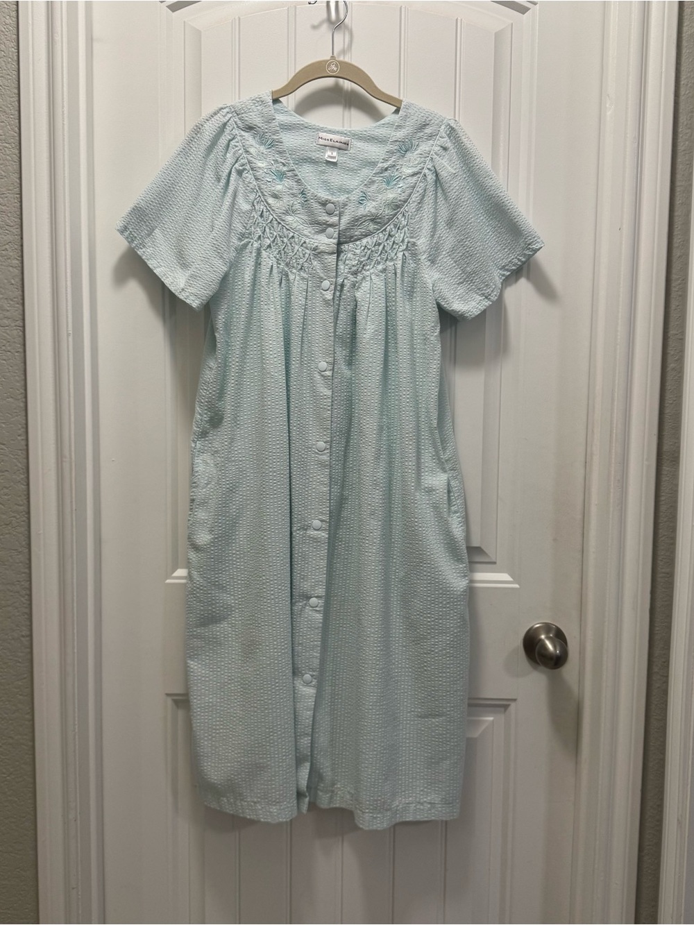 Miss Elaine Seersucker Embroidered Green Robe Short Sleeve Grandmacore Sz Small